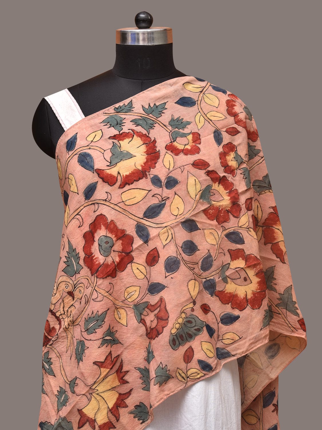 Peach Kalamkari Hand Painted Sico Stole with Floral and Birds Design - Global Threads | Swadesiicart
