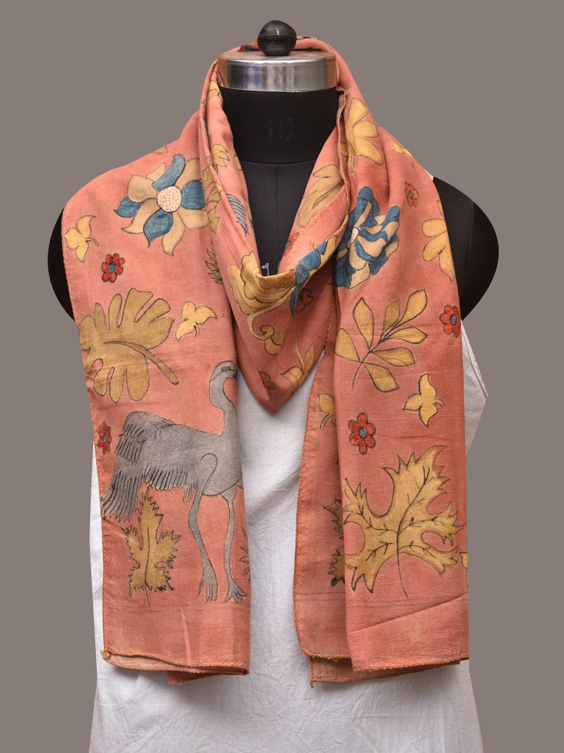 Peach Kalamkari Hand Painted Sico Stole with Floral and Birds Design - Global Threads | Swadesiicart