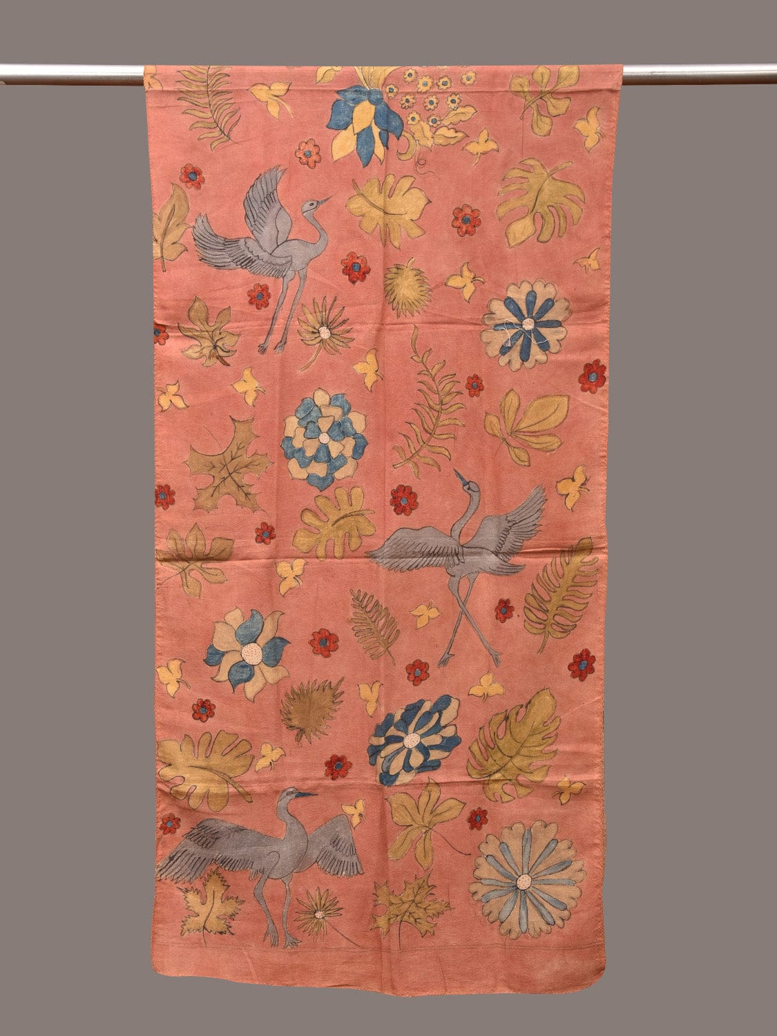 Peach Kalamkari Hand Painted Sico Stole with Floral and Birds Design - Global Threads | Swadesiicart