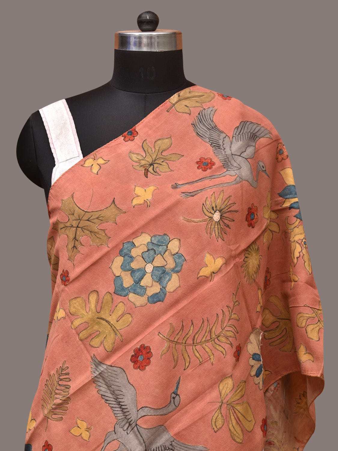 Peach Kalamkari Hand Painted Sico Stole with Floral and Birds Design - Global Threads | Swadesiicart