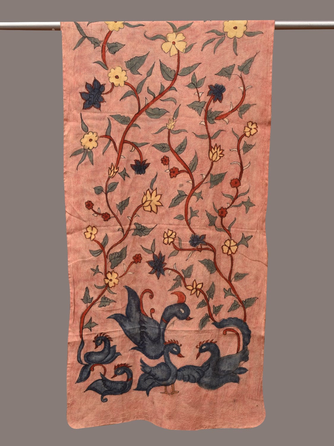 Peach Kalamkari Hand Painted Sico Stole with Floral and Birds Design - Global Threads | Swadesiicart