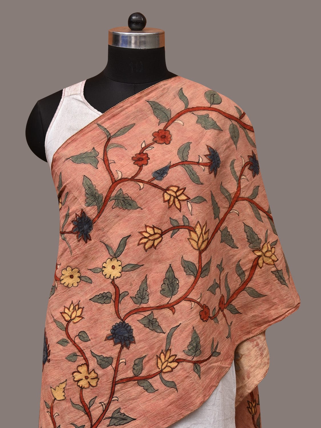 Peach Kalamkari Hand Painted Sico Stole with Floral and Birds Design - Global Threads | Swadesiicart