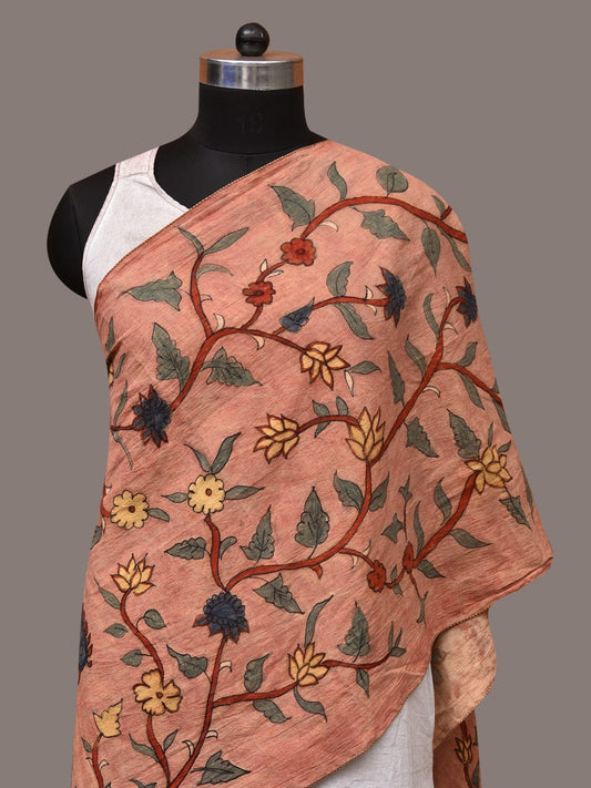 Peach Kalamkari Hand Painted Sico Stole with Floral and Birds Design - Global Threads | Swadesiicart