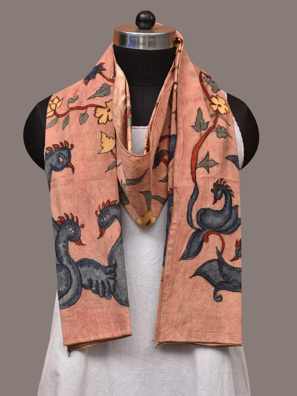Peach Kalamkari Hand Painted Sico Stole with Floral and Birds Design - Global Threads | Swadesiicart