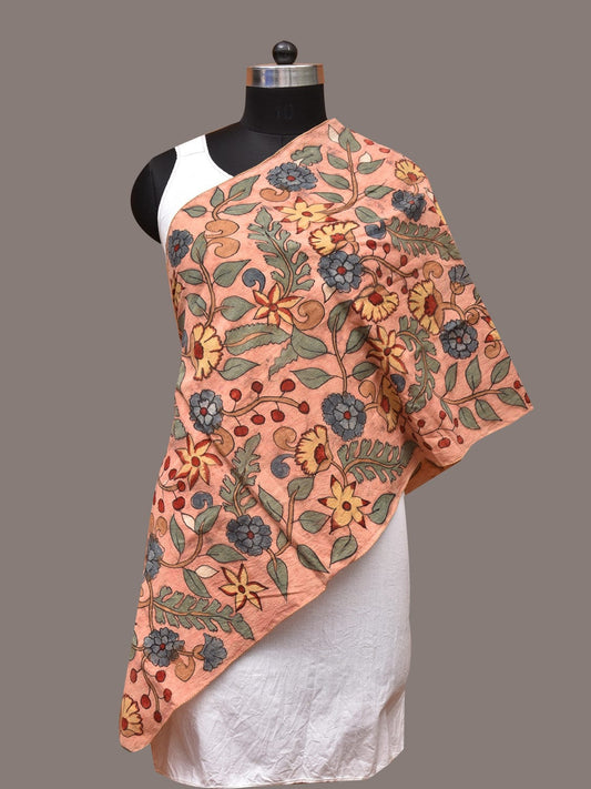 Peach Kalamkari Hand Painted Sico Stole with Floral Design - Global Threads | Swadesiicart