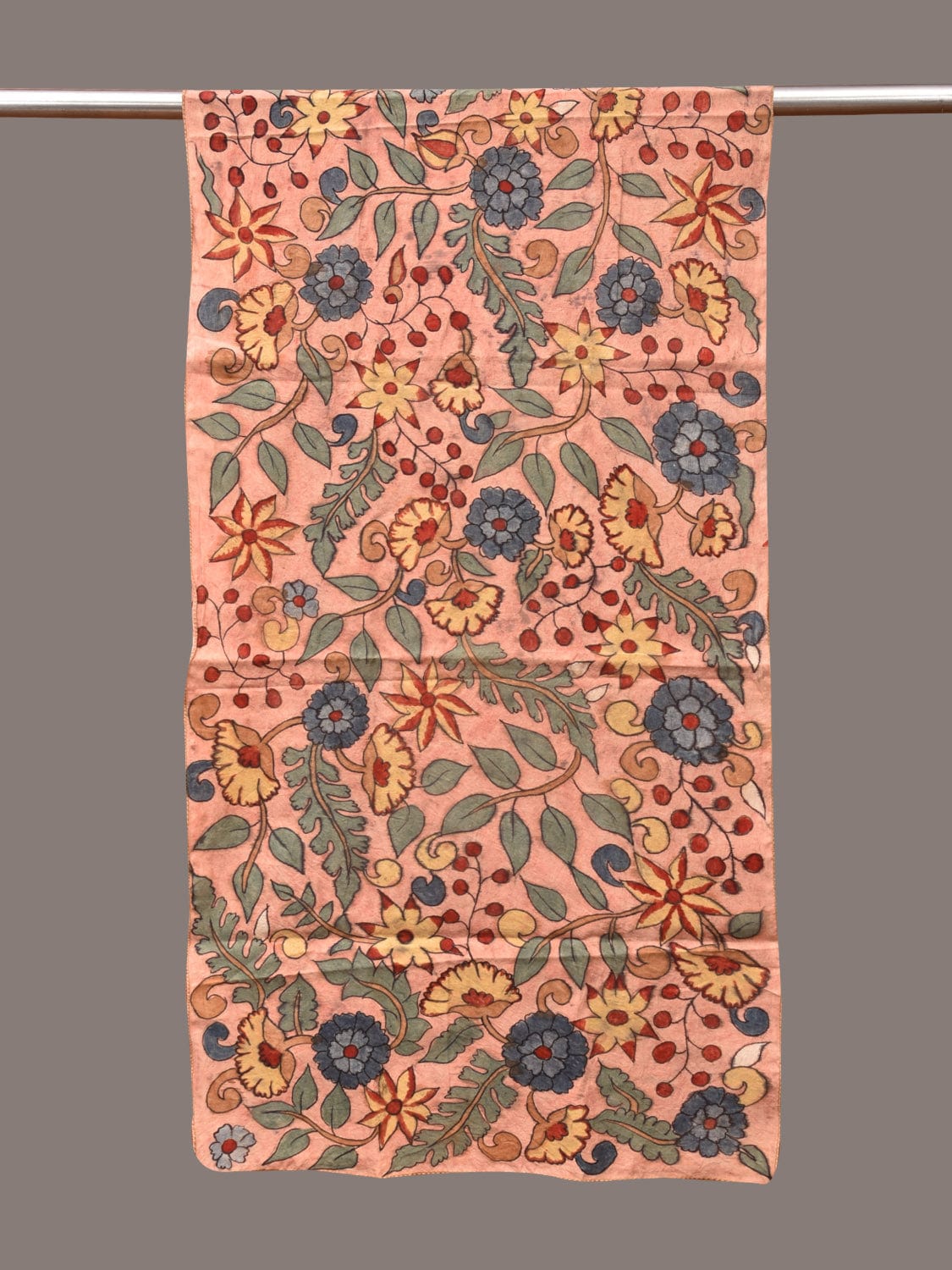 Peach Kalamkari Hand Painted Sico Stole with Floral Design - Global Threads | Swadesiicart