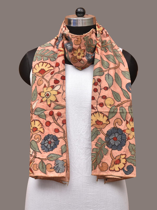Peach Kalamkari Hand Painted Sico Stole with Floral Design - Global Threads | Swadesiicart