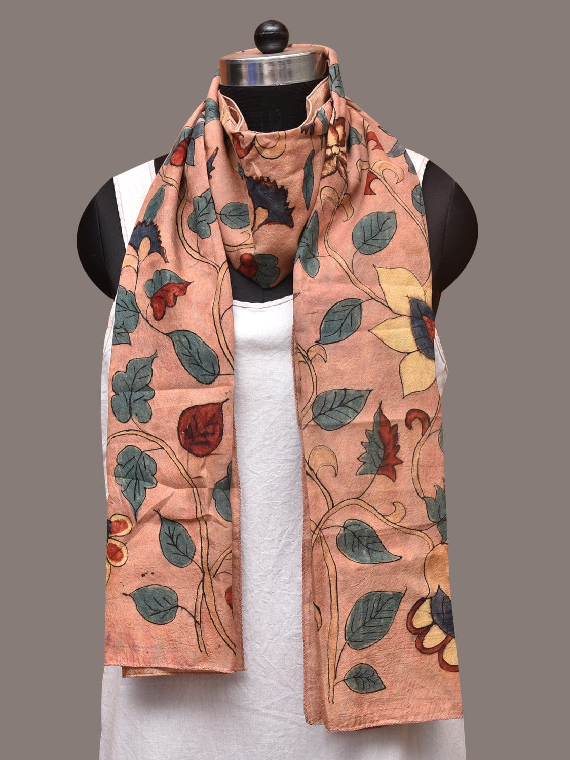 Peach Kalamkari Hand Painted Sico Stole with Floral Design - Global Threads | Swadesiicart