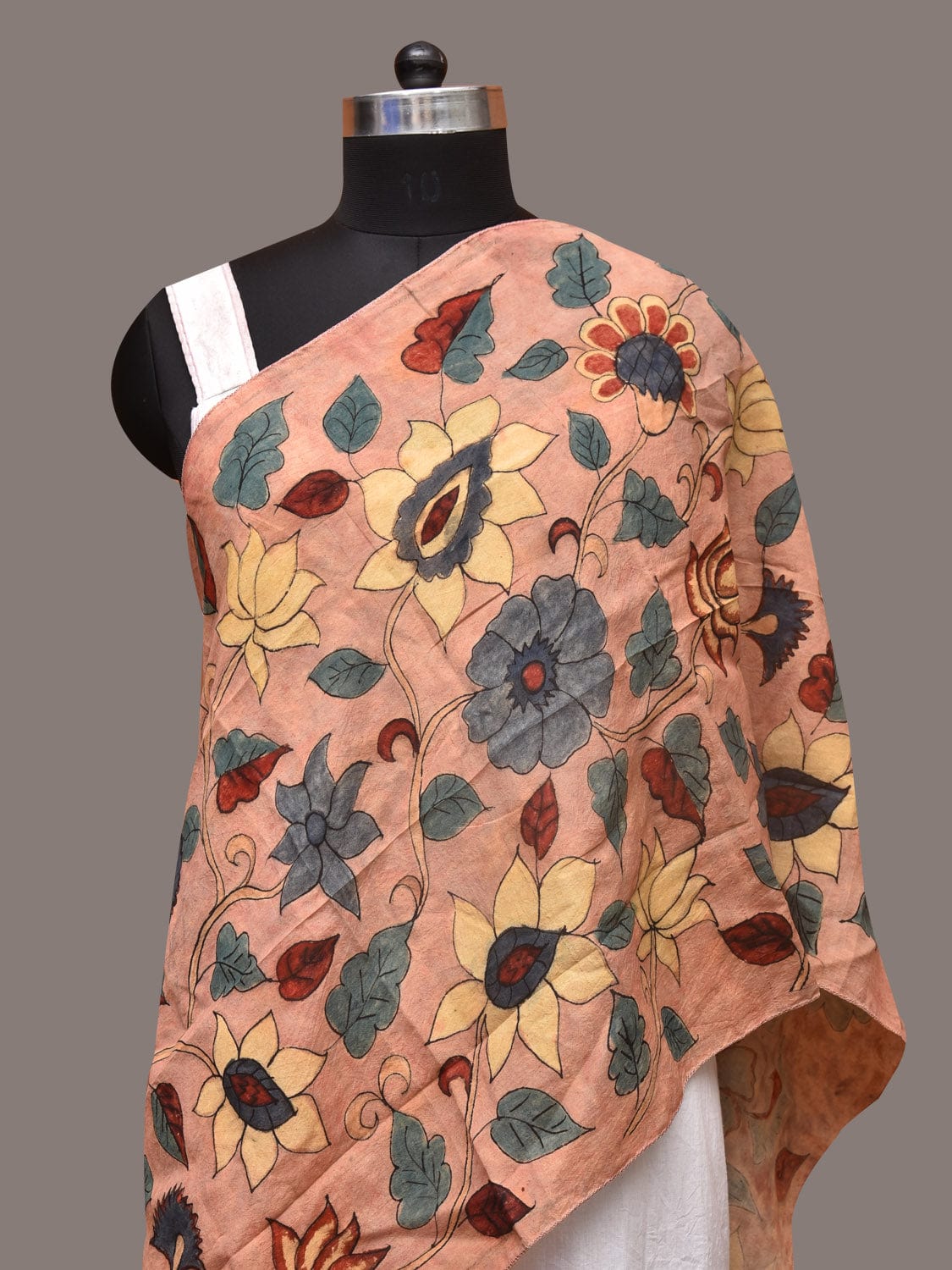 Peach Kalamkari Hand Painted Sico Stole with Floral Design - Global Threads | Swadesiicart