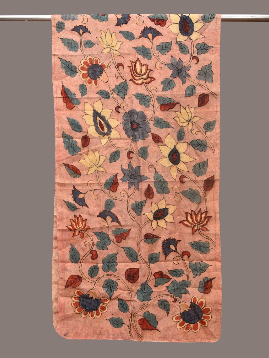 Peach Kalamkari Hand Painted Sico Stole with Floral Design - Global Threads | Swadesiicart