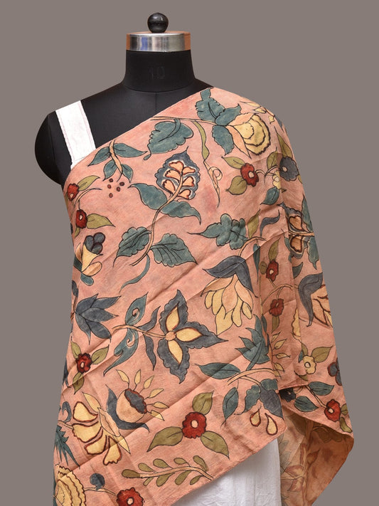Peach Kalamkari Hand Painted Sico Stole with Floral Design - Global Threads | Swadesiicart