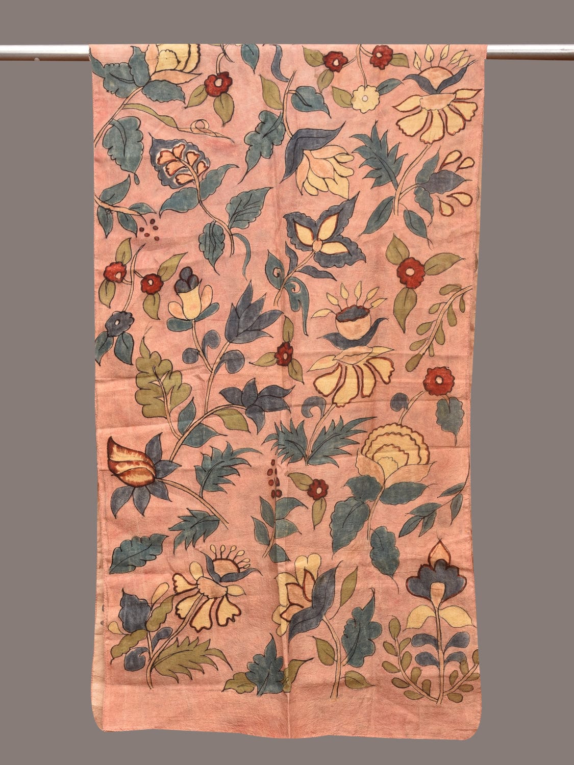 Peach Kalamkari Hand Painted Sico Stole with Floral Design - Global Threads | Swadesiicart