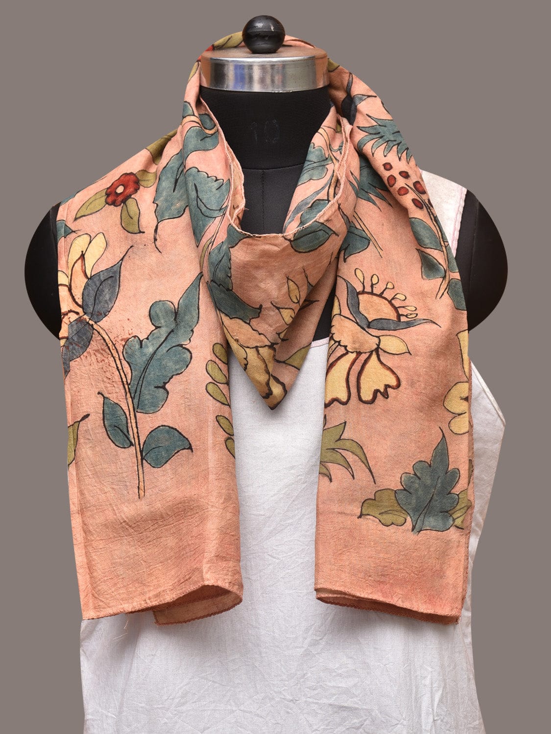 Peach Kalamkari Hand Painted Sico Stole with Floral Design - Global Threads | Swadesiicart