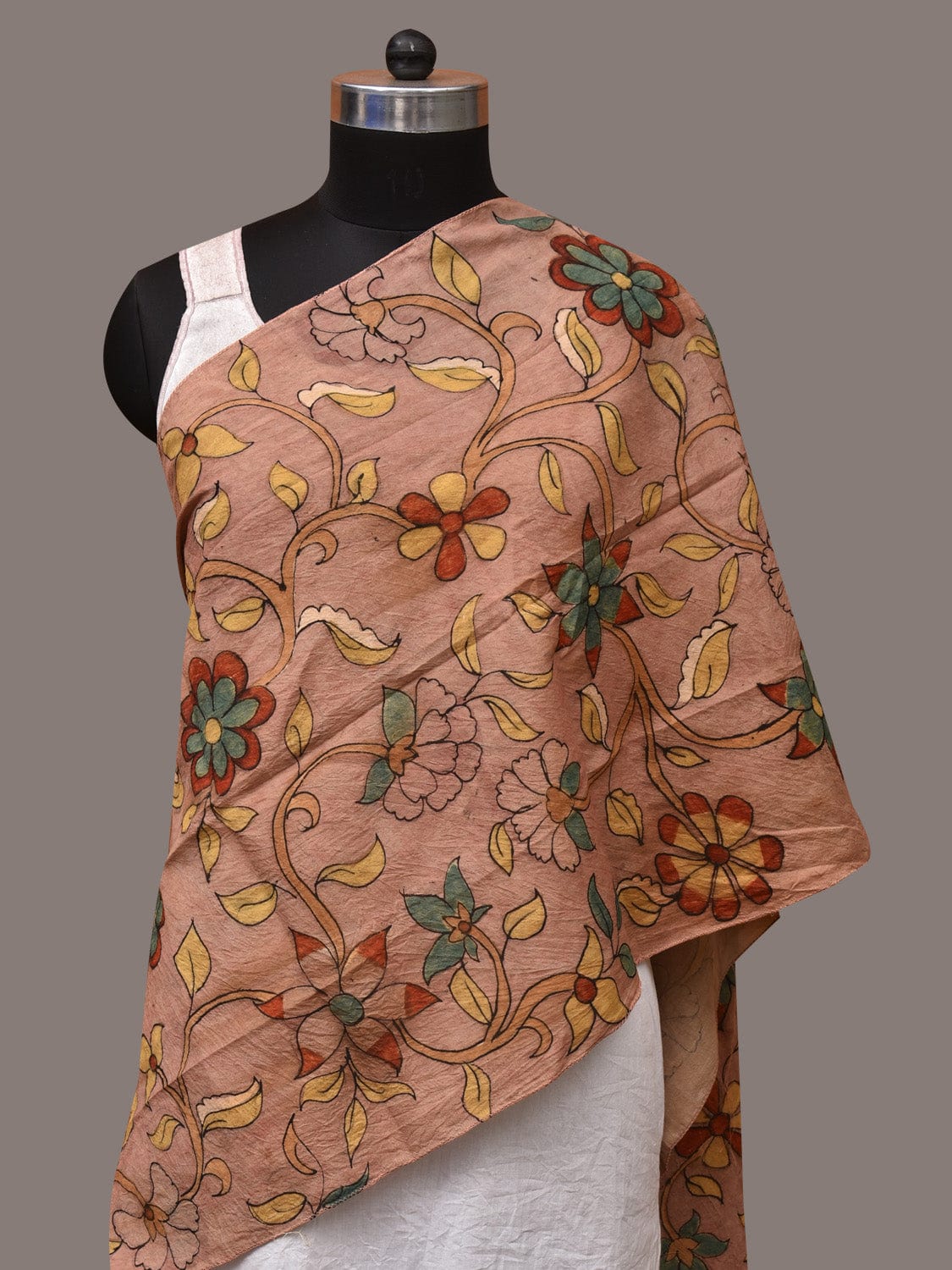 Peach Kalamkari Hand Painted Sico Stole with Floral Design - Global Threads | Swadesiicart