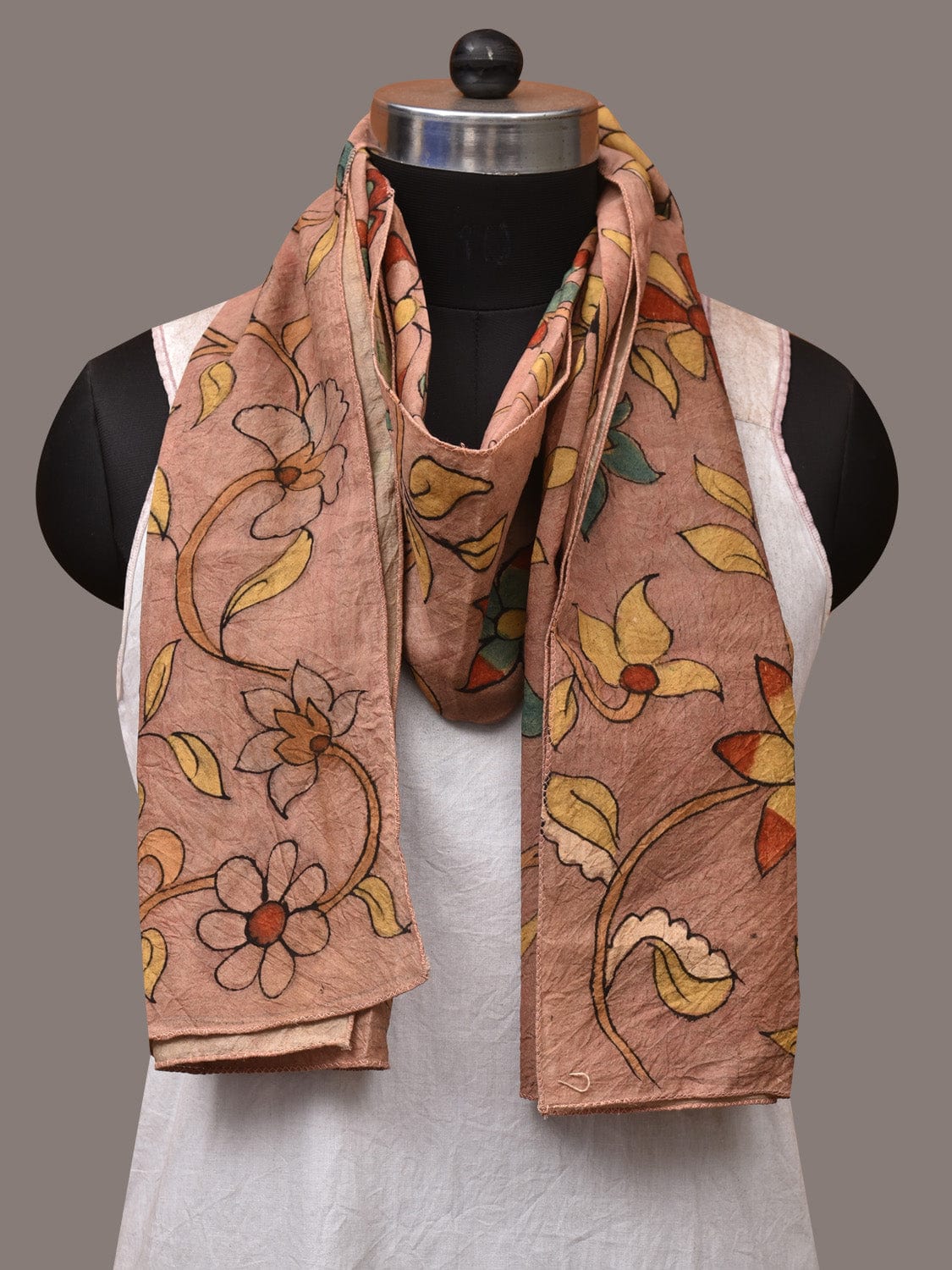 Peach Kalamkari Hand Painted Sico Stole with Floral Design - Global Threads | Swadesiicart