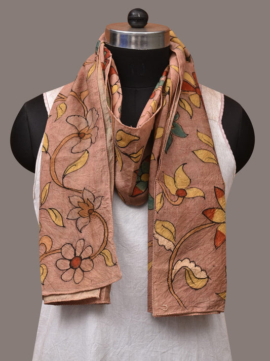 Peach Kalamkari Hand Painted Sico Stole with Floral Design - Global Threads | Swadesiicart