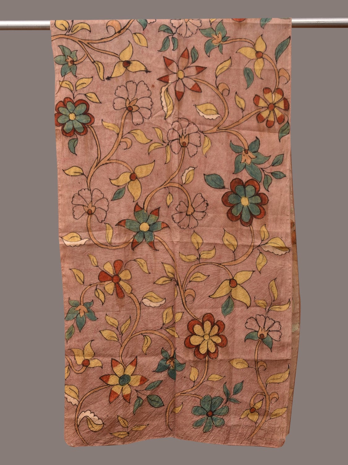 Peach Kalamkari Hand Painted Sico Stole with Floral Design - Global Threads | Swadesiicart