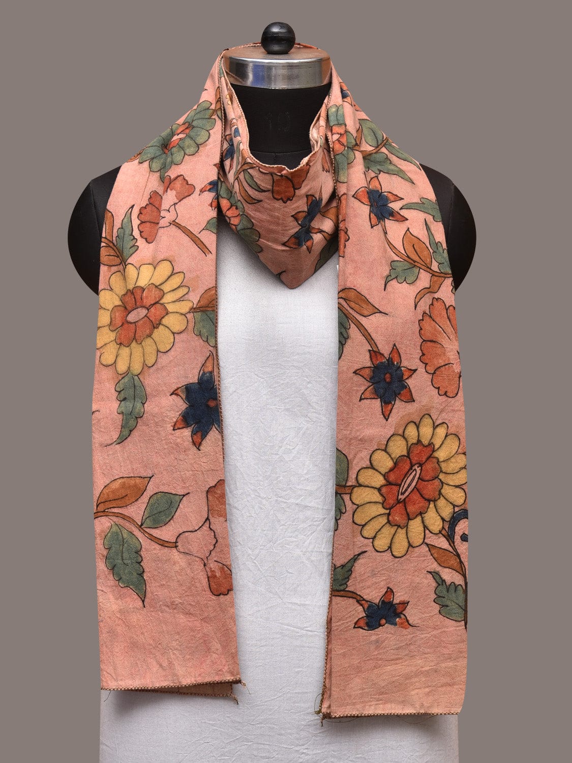 Peach Kalamkari Hand Painted Sico Stole with Floral Design - Global Threads | Swadesiicart