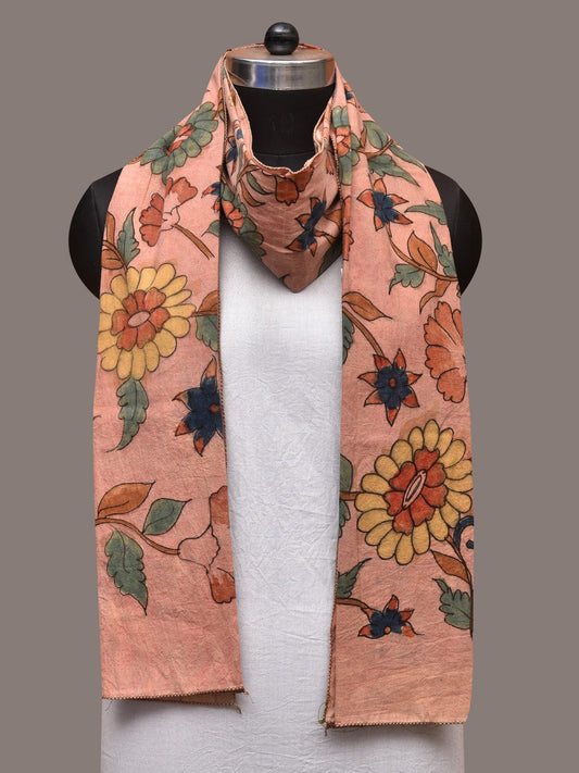 Peach Kalamkari Hand Painted Sico Stole with Floral Design - Global Threads | Swadesiicart