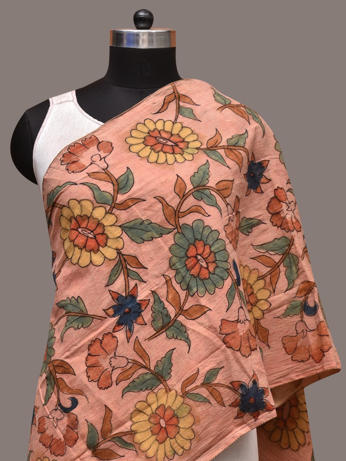 Peach Kalamkari Hand Painted Sico Stole with Floral Design - Global Threads | Swadesiicart