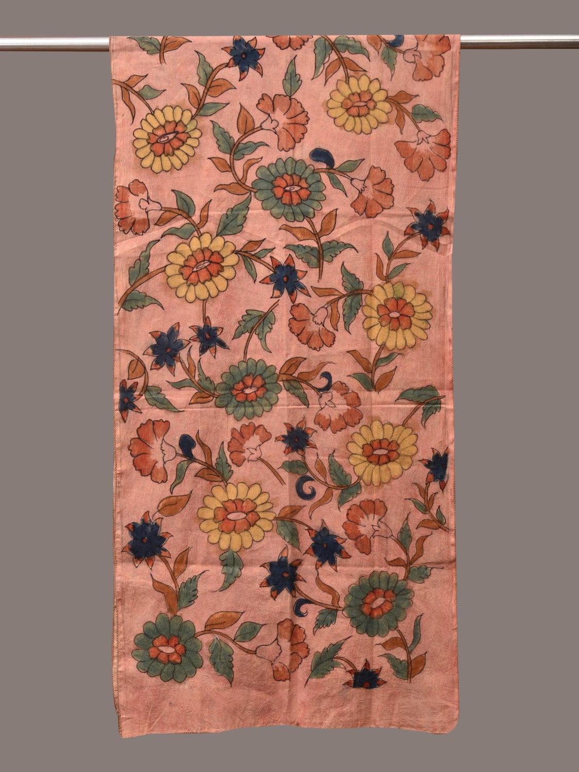 Peach Kalamkari Hand Painted Sico Stole with Floral Design - Global Threads | Swadesiicart