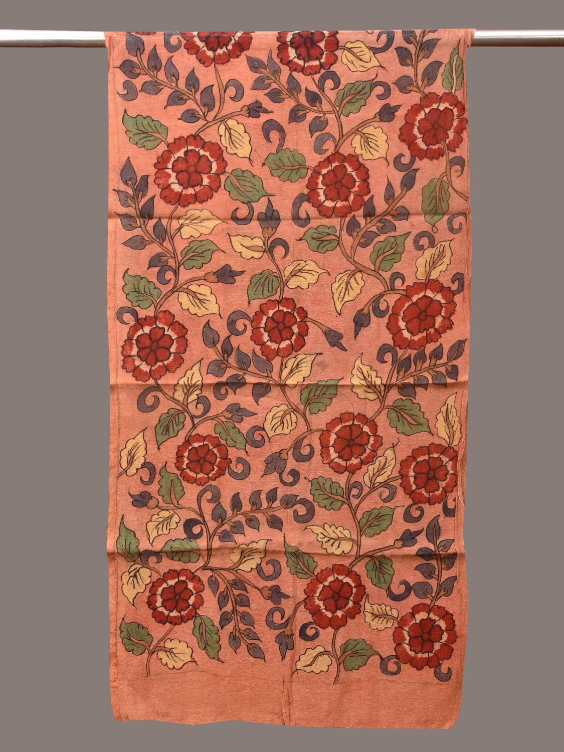 Peach Kalamkari Hand Painted Sico Stole with Flowers Design - Global Threads | Swadesiicart
