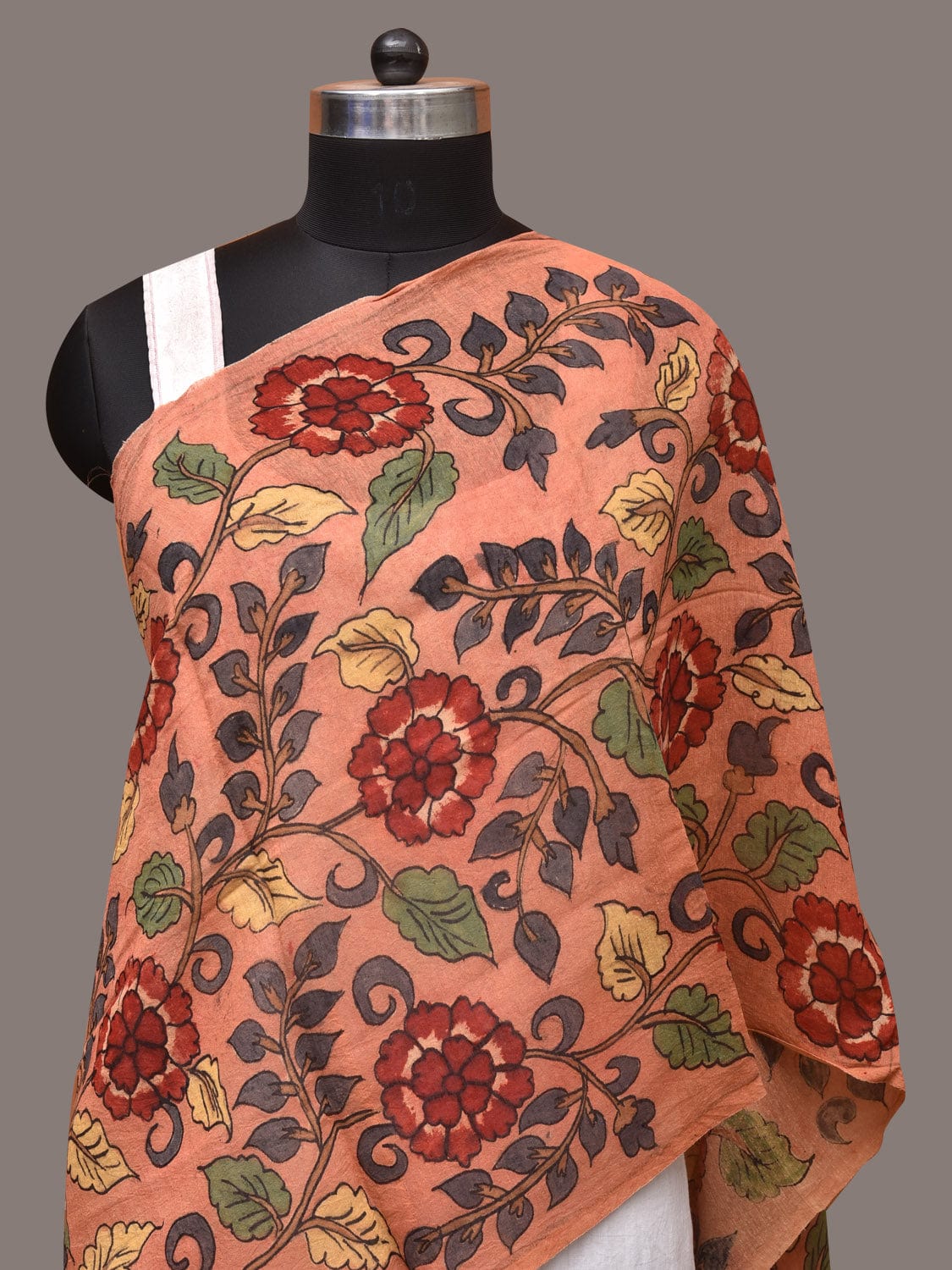 Peach Kalamkari Hand Painted Sico Stole with Flowers Design - Global Threads | Swadesiicart