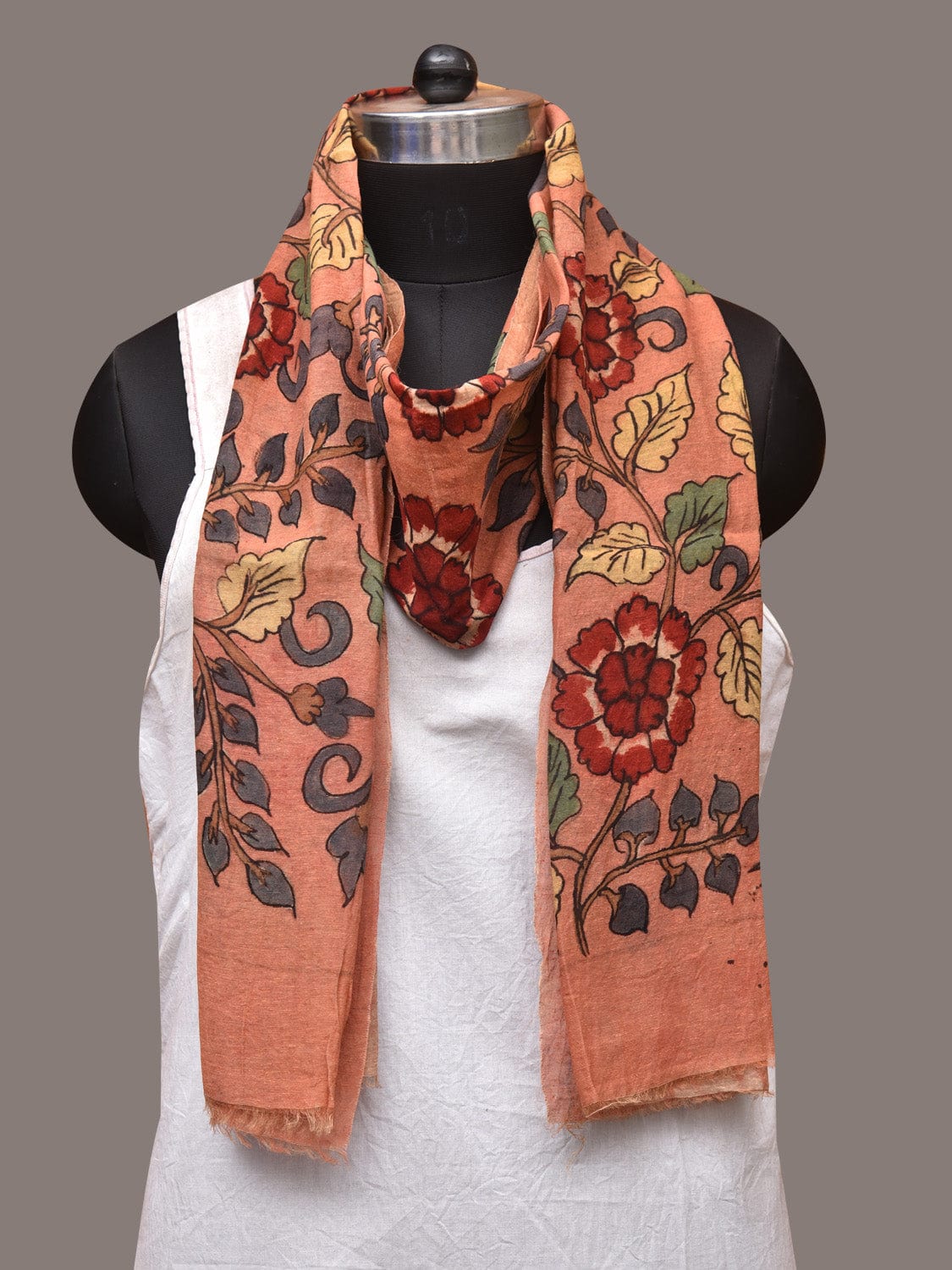 Peach Kalamkari Hand Painted Sico Stole with Flowers Design - Global Threads | Swadesiicart