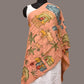 Peach Kalamkari Hand Painted Sico Stole with Village Theme Design - Global Threads | Swadesiicart