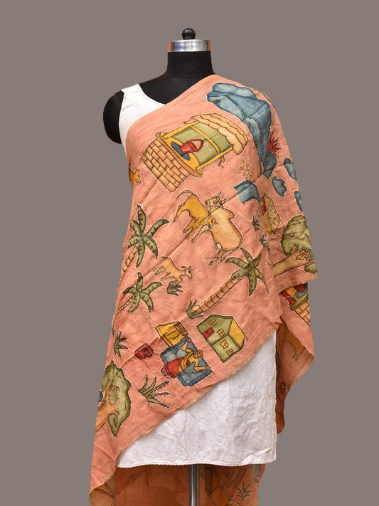 Peach Kalamkari Hand Painted Sico Stole with Village Theme Design - Global Threads | Swadesiicart