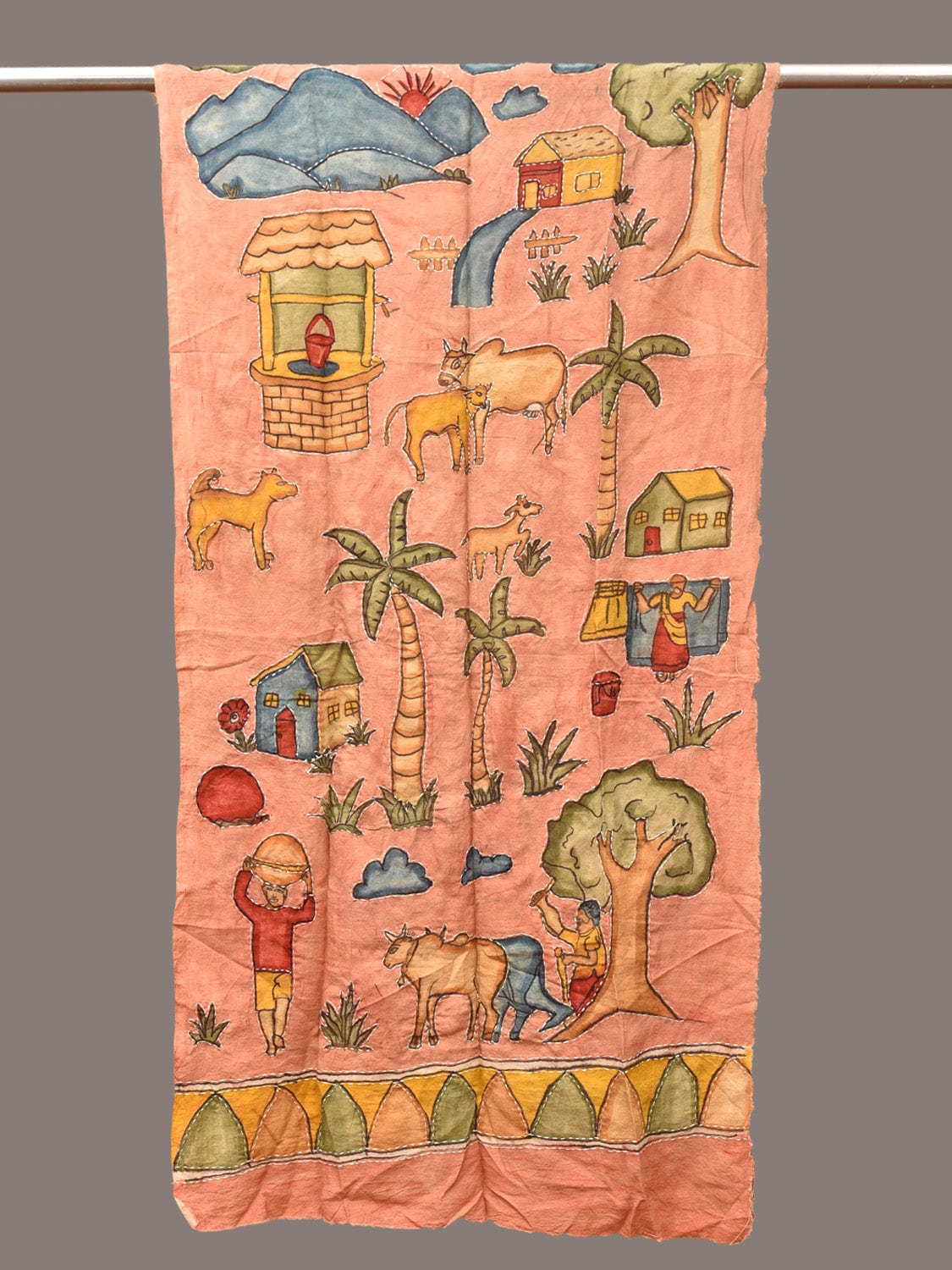 Peach Kalamkari Hand Painted Sico Stole with Village Theme Design - Global Threads | Swadesiicart