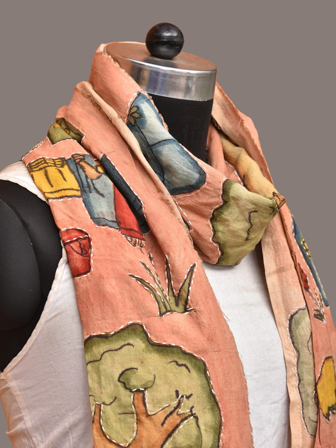 Peach Kalamkari Hand Painted Sico Stole with Village Theme Design - Global Threads | Swadesiicart