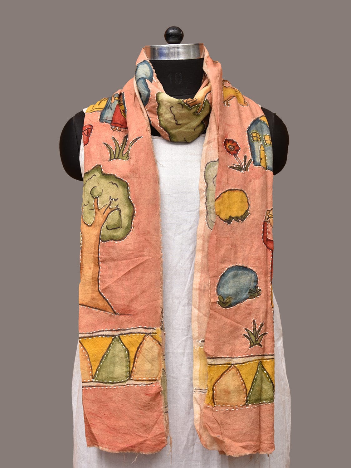 Peach Kalamkari Hand Painted Sico Stole with Village Theme Design - Global Threads | Swadesiicart