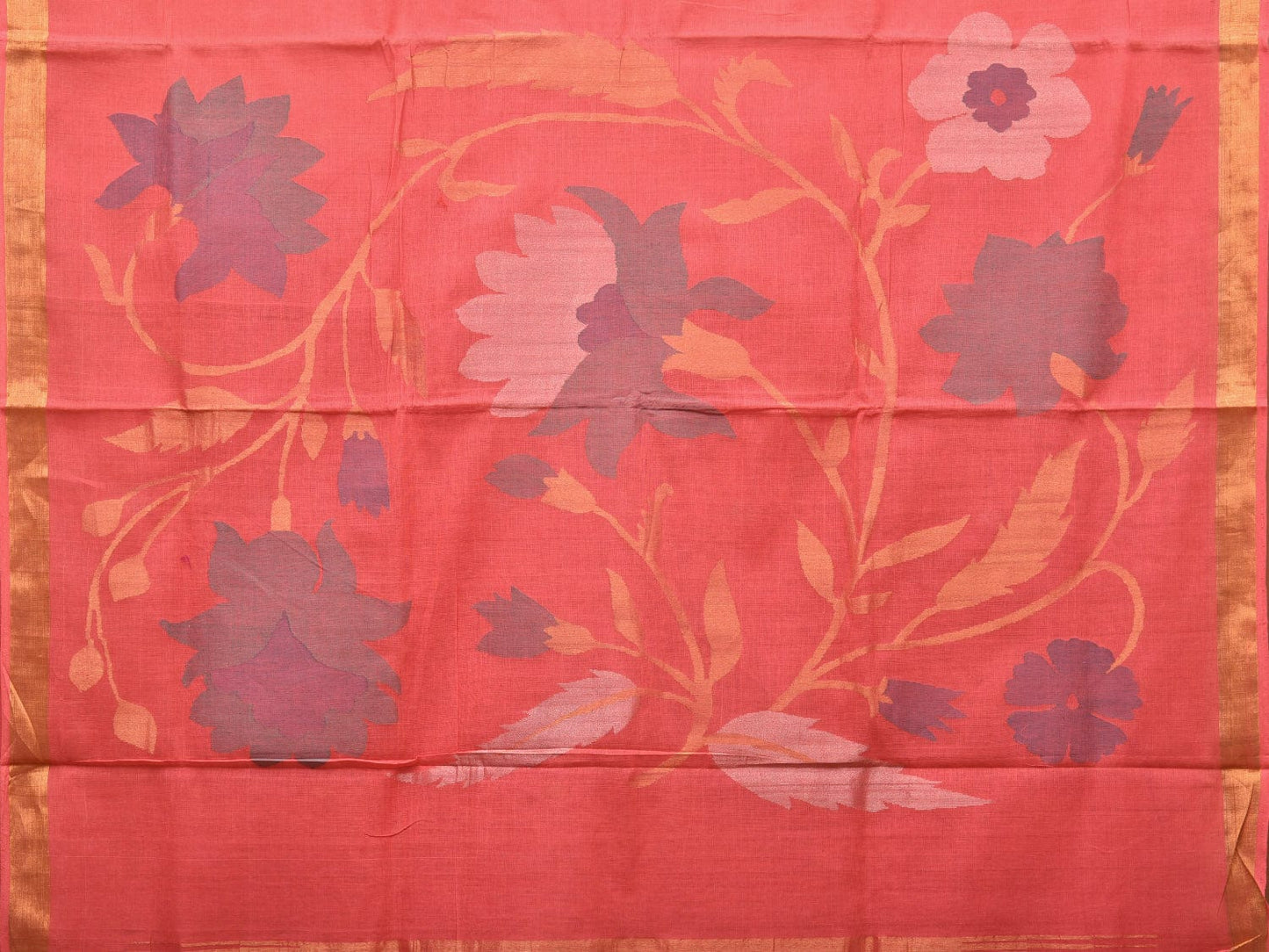 Peach Khadi Cotton Handloom Saree with Big Floral Pallu Design - Global Threads | Swadesiicart