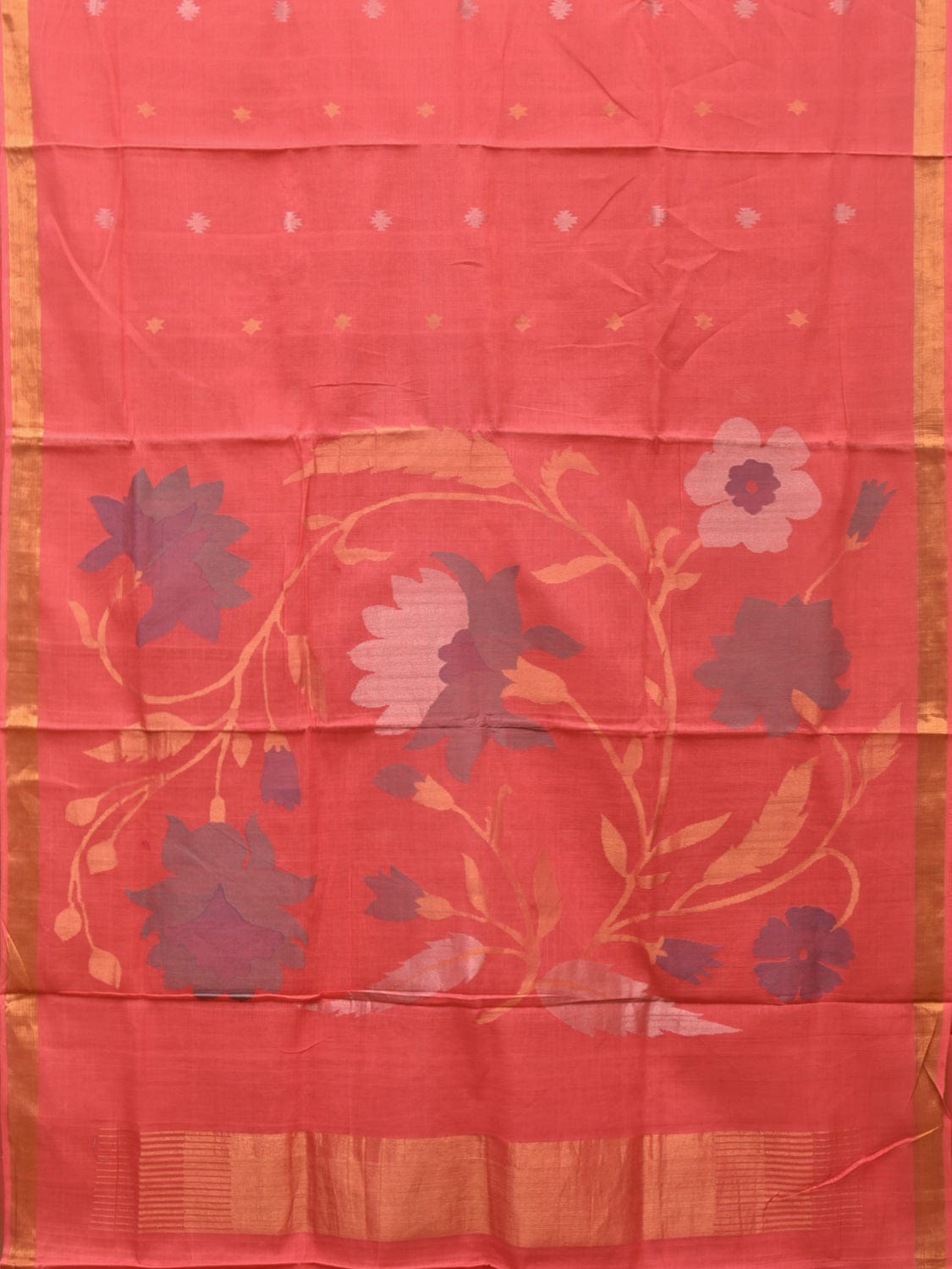 Peach Khadi Cotton Handloom Saree with Big Floral Pallu Design - Global Threads | Swadesiicart