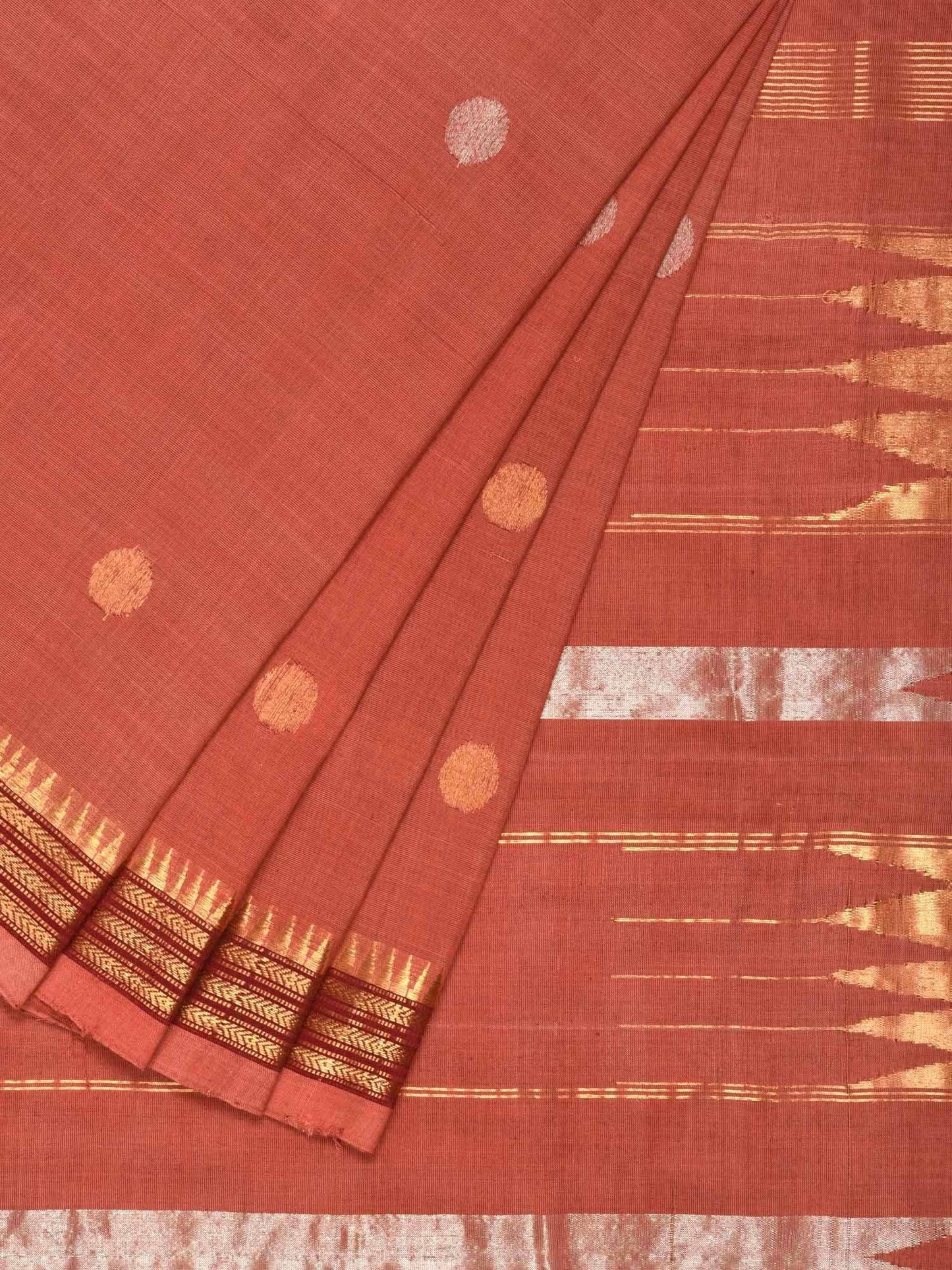 Peach Khadi Cotton Handloom Saree with Buta and Dobi Border Design - Global Threads | Swadesiicart