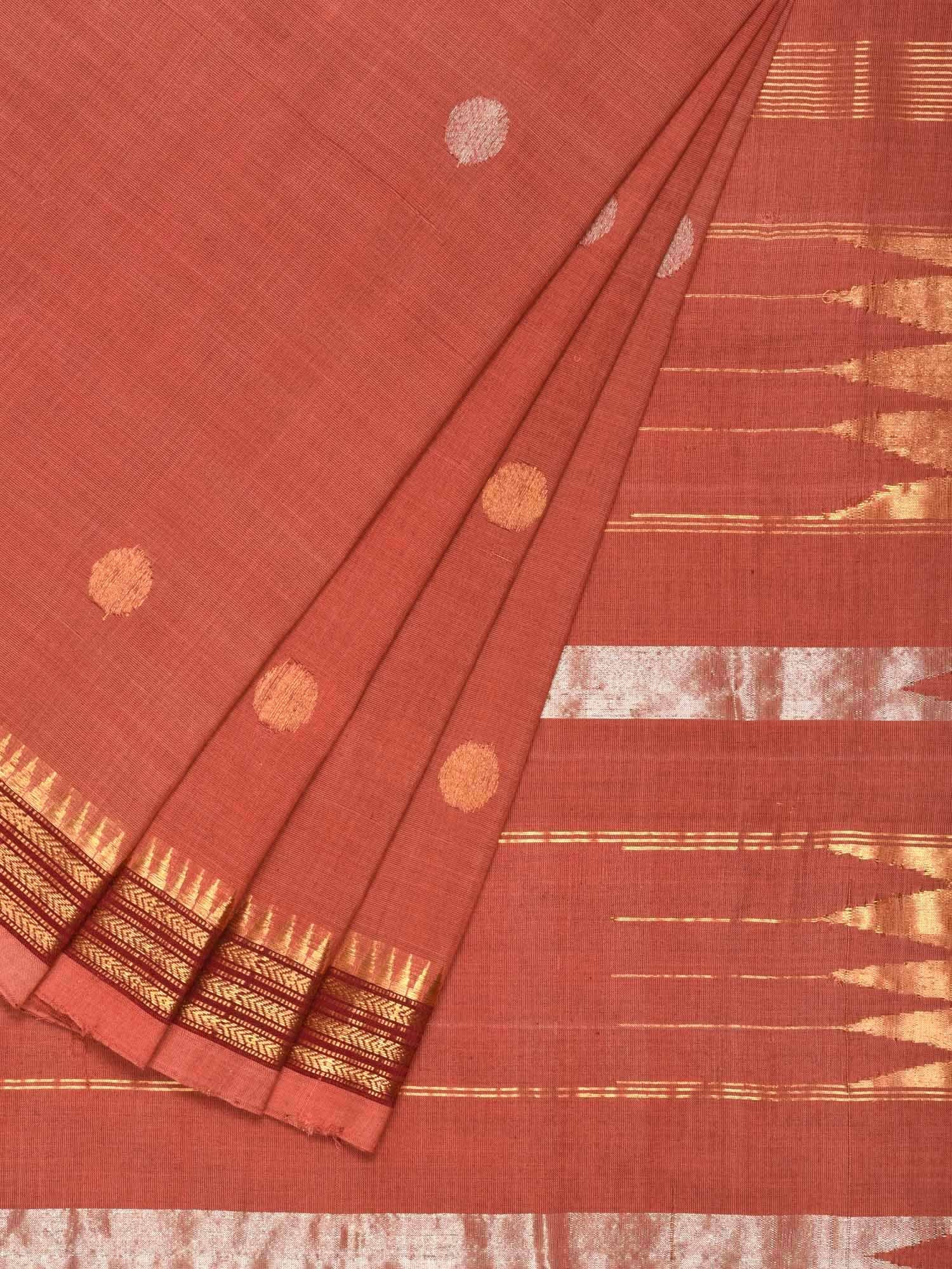 Peach Khadi Cotton Handloom Saree with Buta and Dobi Border Design - Global Threads | Swadesiicart