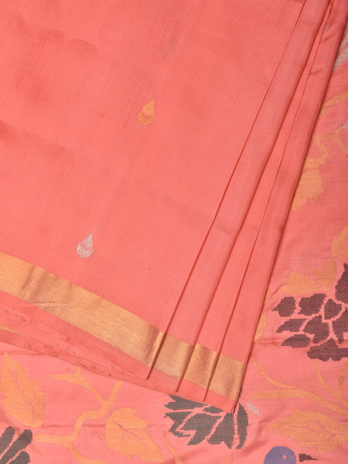 Peach Uppada Silk Handloom Saree with Birds and Floral Pallu Design - Global Threads | Swadesiicart