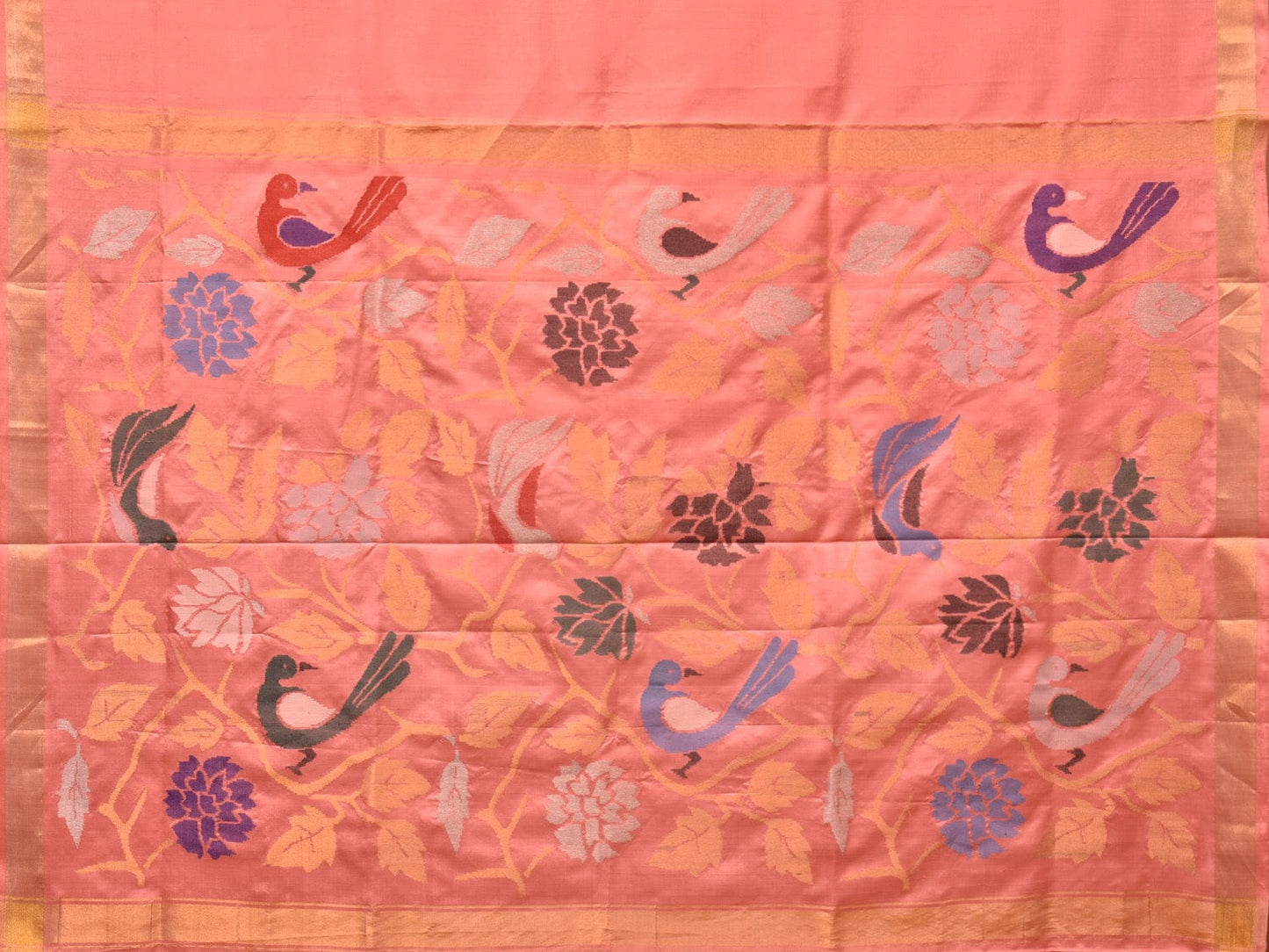 Peach Uppada Silk Handloom Saree with Birds and Floral Pallu Design - Global Threads | Swadesiicart