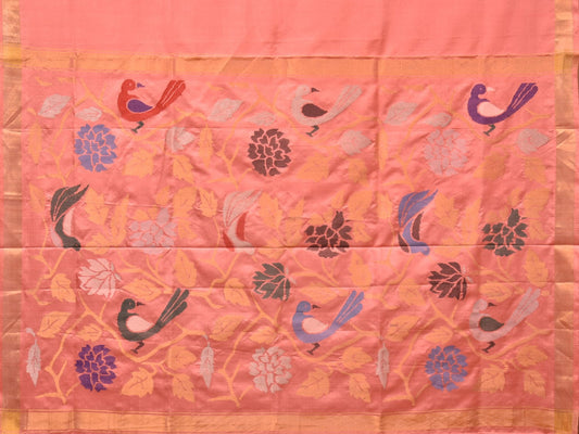 Peach Uppada Silk Handloom Saree with Birds and Floral Pallu Design - Global Threads | Swadesiicart