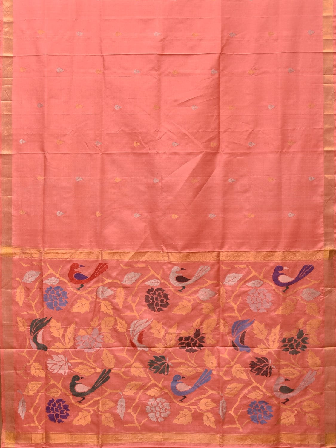 Peach Uppada Silk Handloom Saree with Birds and Floral Pallu Design - Global Threads | Swadesiicart
