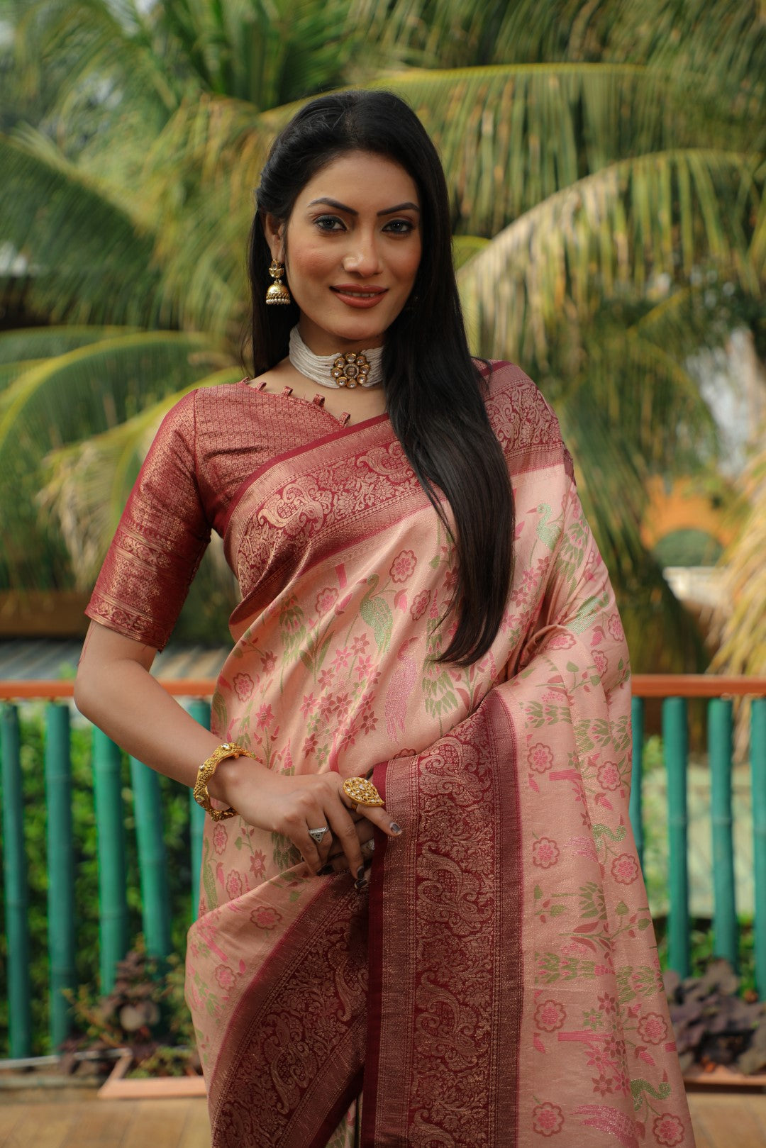 Anaita Peach Woven Design Pure Kanjivaram Soft Satin Silk Saree With Blouse