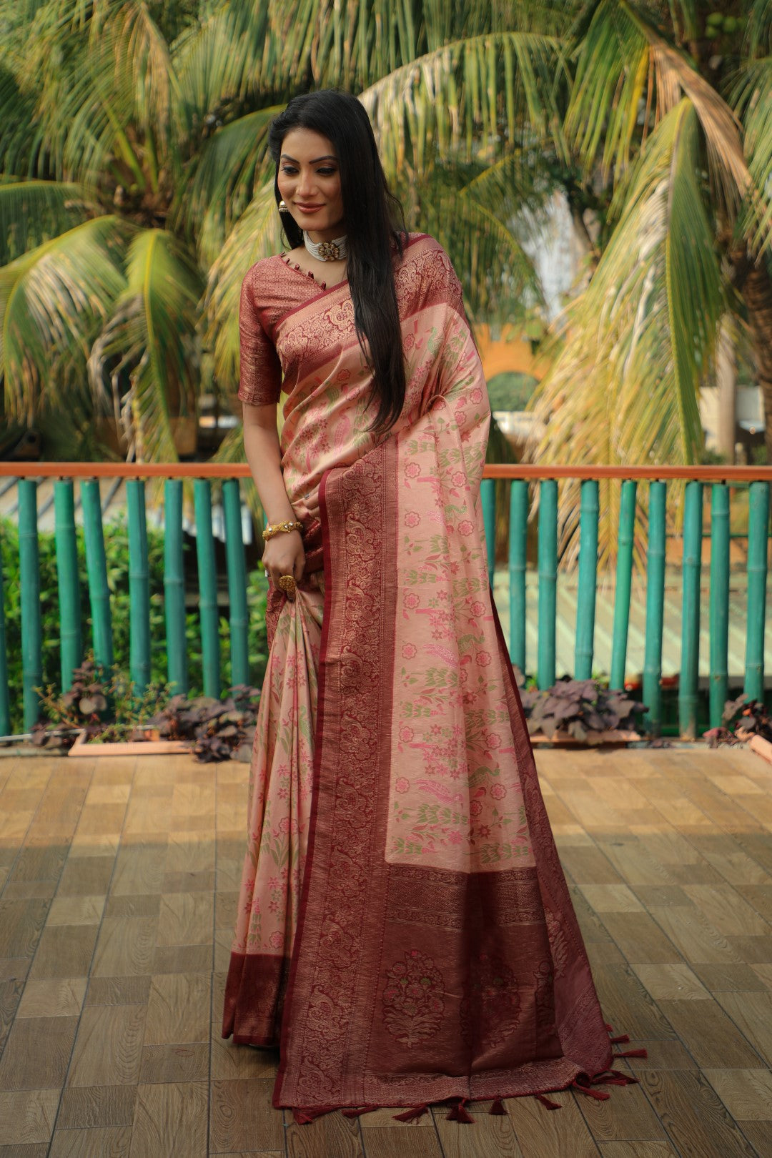 Anaita Peach Woven Design Pure Kanjivaram Soft Satin Silk Saree With Blouse