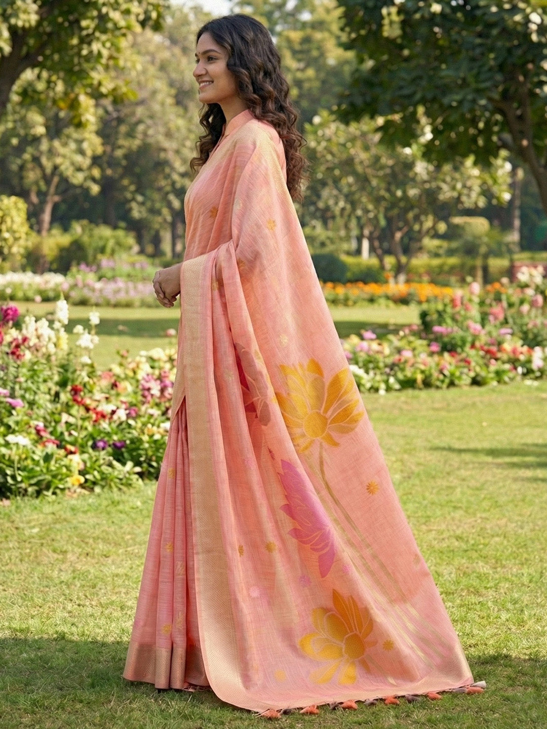 Anaita Peach Linen Saree With Blouse Piece