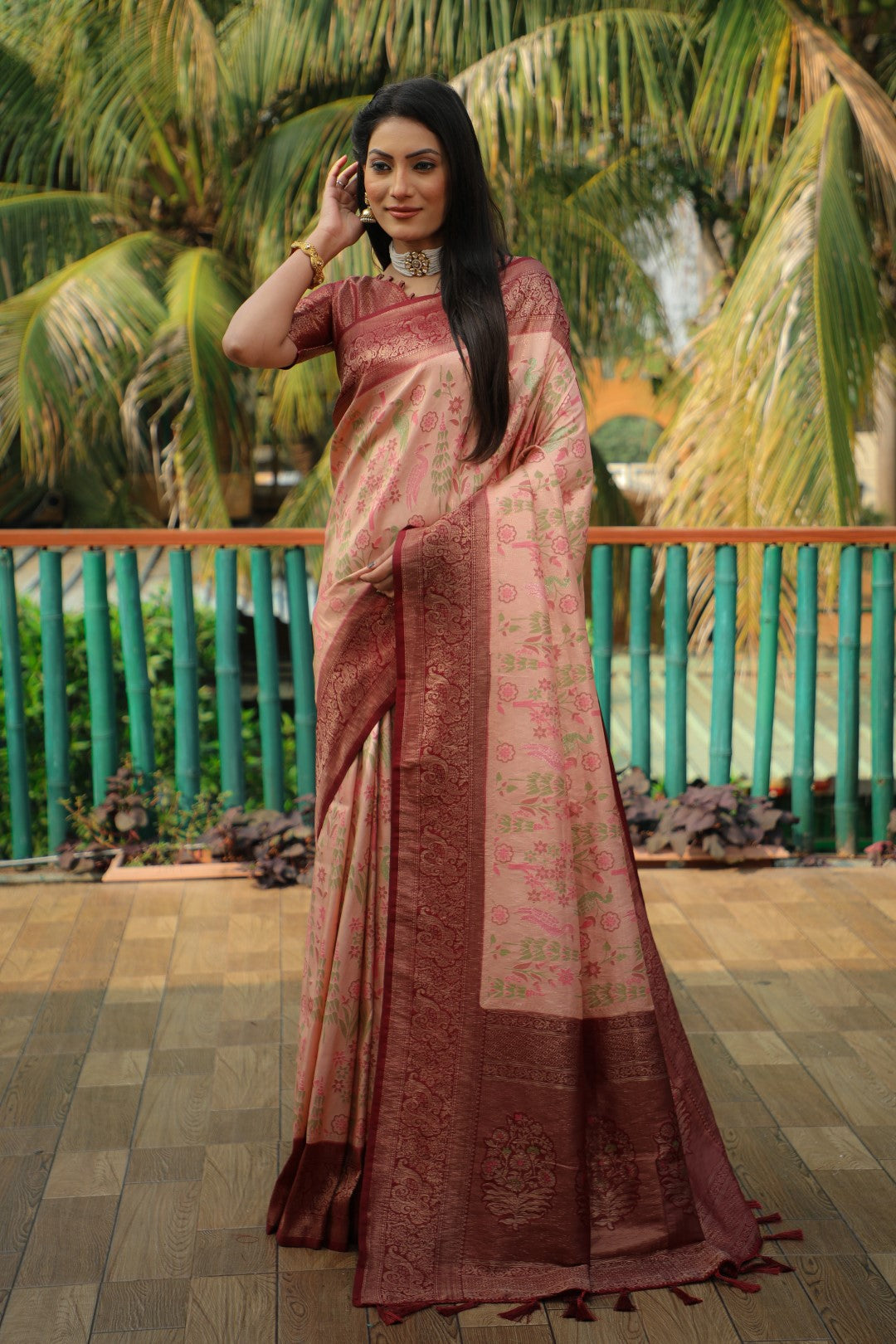 Anaita Peach Woven Design Pure Kanjivaram Soft Satin Silk Saree With Blouse