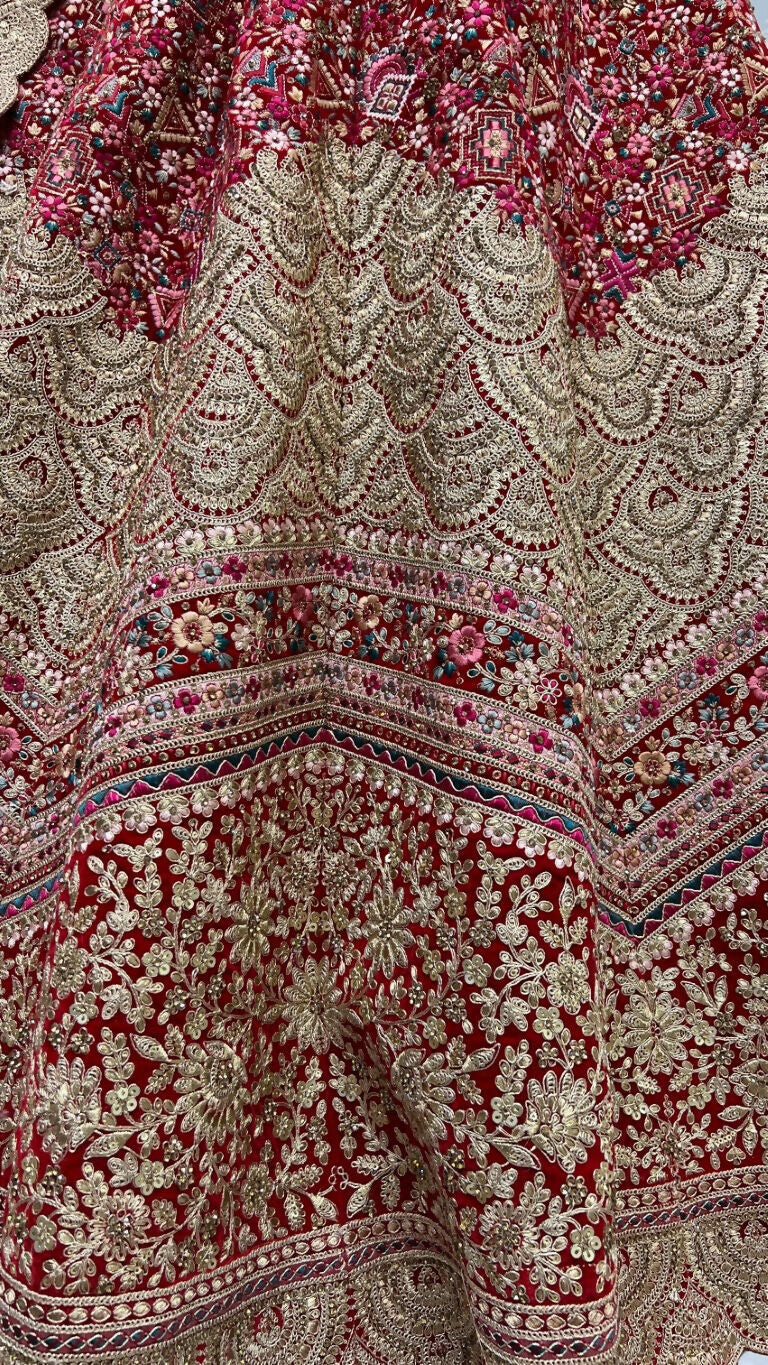 Jyoti Fashion Women's Red Velvet Fancy Dori & Sequins Multi Thread Embroidered with Diamond Work Wedding Lehenga Choli | Swadesiicart