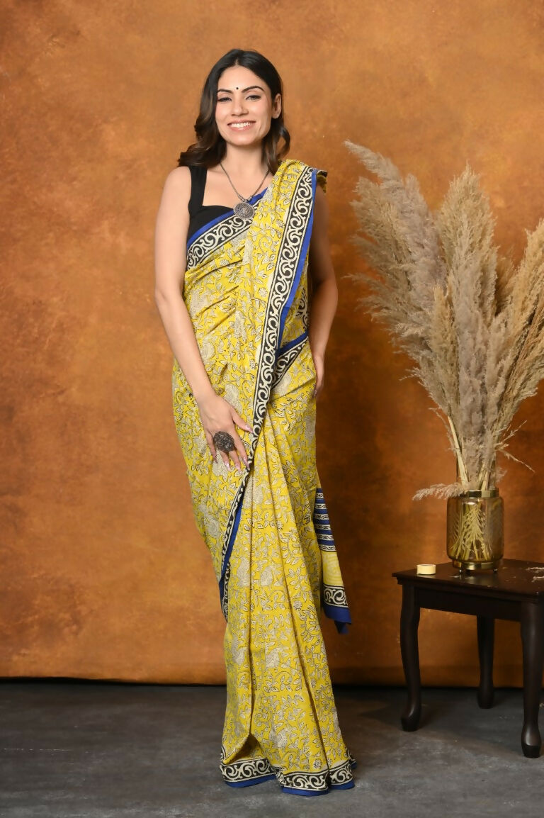 Very Much Indian Handblock Printed Cotton Saree With Natural Dyes - Green | Swadesiicart