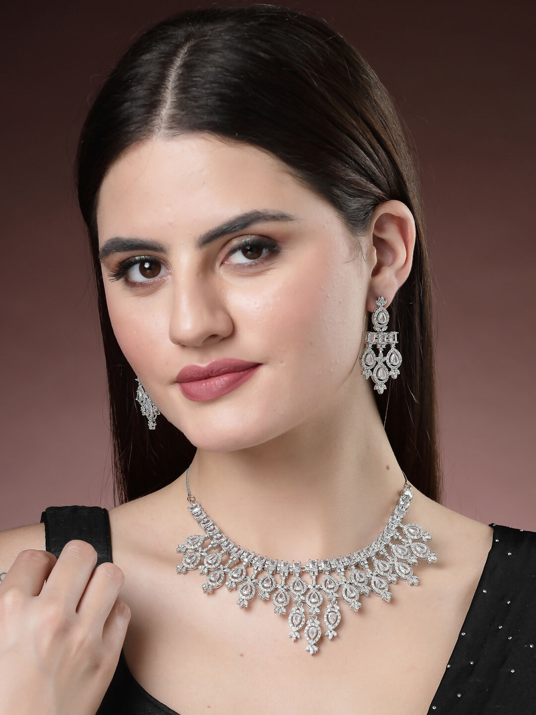 NVR Women's Silver-Plated Cubic Zirconia Studded Handcrafted Jewellery Set - Swadesiicart