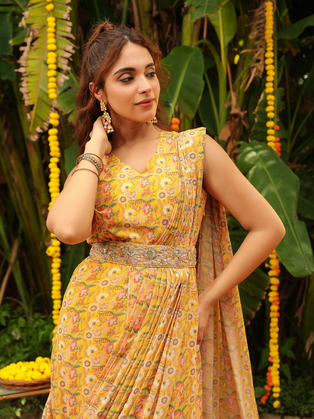 Janasya Mustard Georgette Floral Saree | Swadesiicart