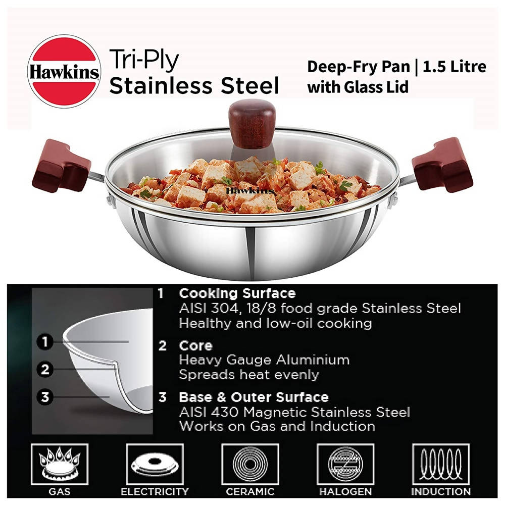 Hawkins Tri-Ply Stainless Steel Deep-Fry Pan with Glass Lid Silver (SSD15G) - Swadesiicart